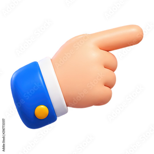 3D cartoon hand pointing forward with a blue sleeve and yellow button