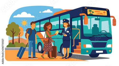 Female tour bus operator in uniform checking tickets and baggage of summer travelers, flat vector illustration of transport service with luggage and coach