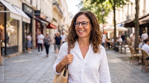 Middle-aged woman with curly hair wearing glasses and a white shirt walks through a bustling street lined with shops and outdoor seating in a vibrant urban setting
