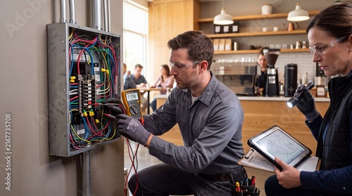 Male electrician in gray uniform checks electrical panel with multimeter while female technician takes notes in modern cafe with customers in the background
