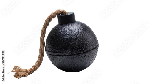 Black spherical bomb with rough texture and thick rope fuse, isolated on transparent background