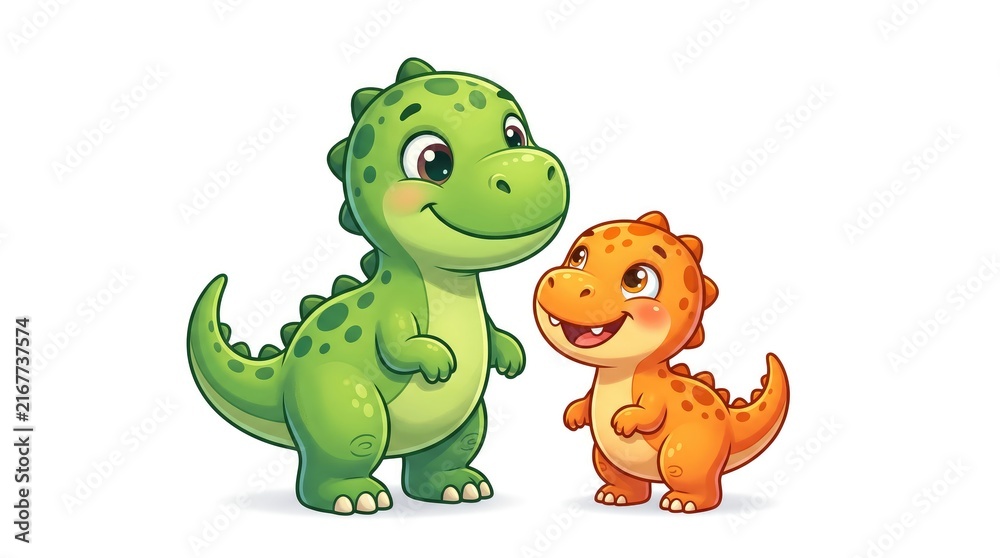 Fototapeta premium Cute cartoon dinosaur and baby dinosaur hugging in friendly vector illustration for kids design