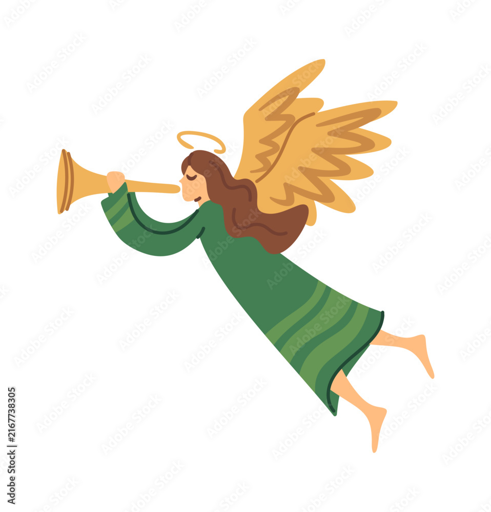 Fototapeta premium Angel Playing Trumpet Flying Cartoon