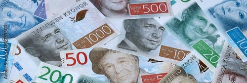 Photography Swedish krona money bills in pile on table