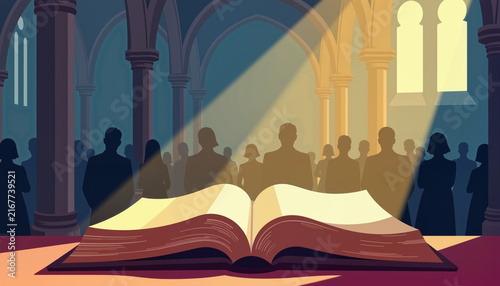 Open book with light shining on it in a cathedral setting  