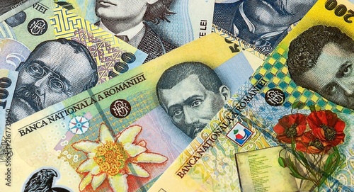 Quadro su tela Romanian leu money bills in pile on table