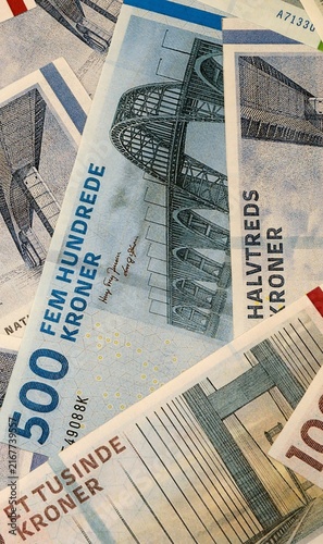 Fotografía Danish krone money bills in pile on table