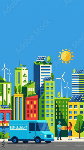 Eco-friendly delivery truck in urban setting with solar panels and wind turbines, cityscape background