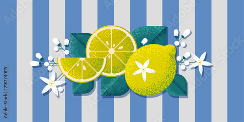 Fresh lemons, leaves and blossoms on striped background. Decorative fruit composition for posters, wallpapers, textile, advertising, label or packaging.
