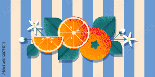 Fresh oranges, leaves and blossoms on a blue striped background. Decorative fruit composition for posters, wallpapers, textile, advertising, label or packaging.
