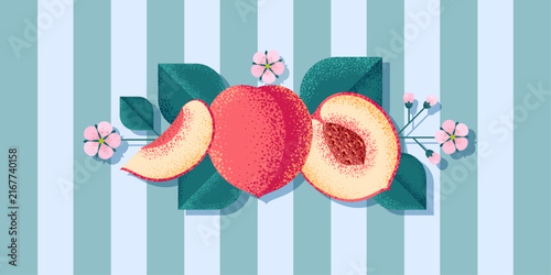 Fresh peaches, leaves and blossoms on a blue striped background. Decorative fruit composition for posters, wallpapers, textile, advertising, label or packaging.
