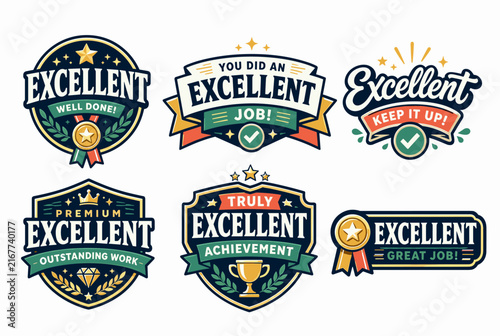 Excellent badges and reward stickers collection celebrating achievement. Success. And quality. Featuring various designs with stars. Ribbons. Laurel wreaths. Trophies