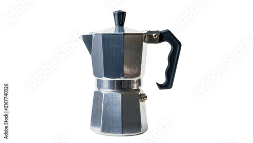 Cuadro en lienzo Polished aluminum stovetop espresso maker with black handle, isolated on transpa