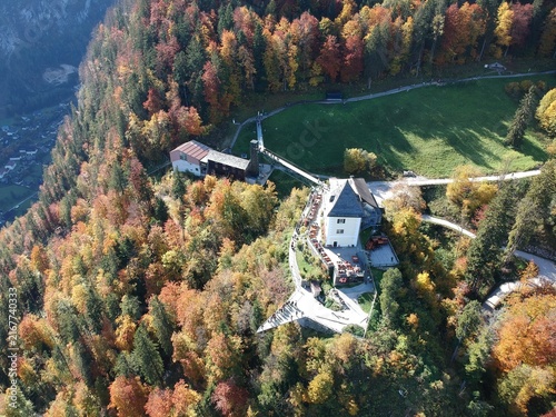 Canvastavla Drone panorama near Five Fingers Austria overlooking Hallstätter See and colourf
