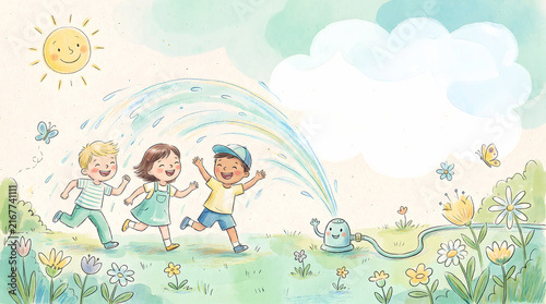 Children playing outdoors in summer, running through water spray with flowers and sun in background