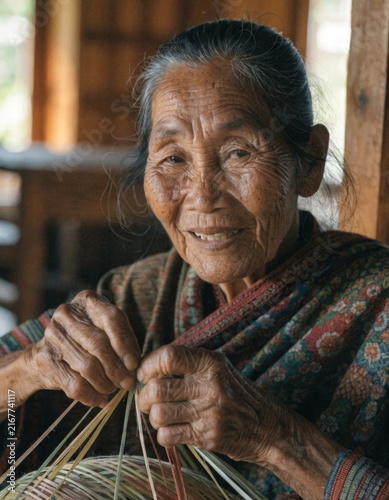 Elderly asian woman wearing traditional attire skillfully creating handcrafted artifacts that showcase her rich cultural heritage and the local traditions she cherishes as a talented artisan