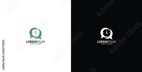 Clock chat icon with placeholder text in white and black background, symbolizing time and communication