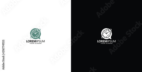 Minimalist clock and chat bubble logo design template for communication or time management brand