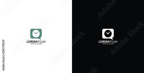 Minimalist time chat logo icon featuring a clock inside a speech bubble on dark and light backgrounds