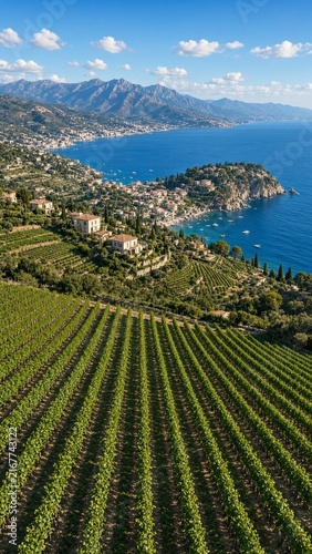 Vertical Mediterranean coastline vineyard landscape photography showcasing lush green vineyard rows descending towards scenic coastal village and azure sea backdrop for wine tourism promotion