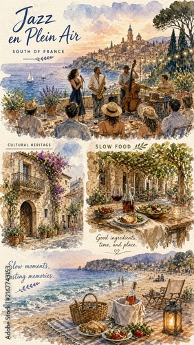 Vertical watercolor illustration of South France jazz festival ambiance with musicians by the coast and cultural heritage elements for travel posters or tourism campaigns