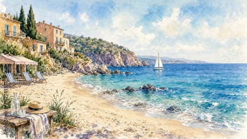 Watercolor Mediterranean coastal scene depicting tranquil beachside with rustic cottages and relaxing lounge chairs framed by lush greenery for travel brochure illustration