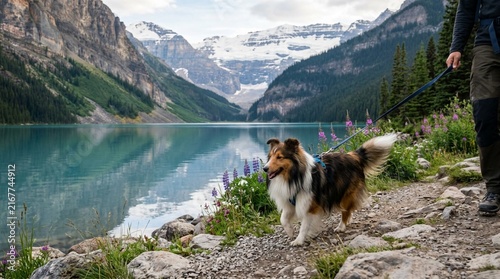 Shetland Sheepdog on leash beside turquoise mountain lake surrounded by snow-capped peaks, evergreen forests and wildflowers in scenic outdoor adventure setting