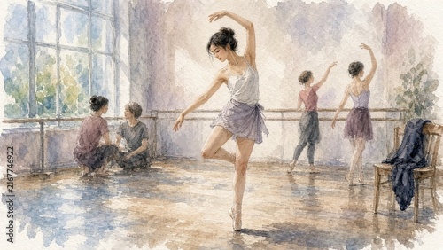 Realistic watercolor dance studio scene with graceful ballerinas practicing and resting in sunlight, ideal for artistic storytelling and ballet-themed decor