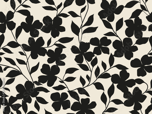 Seamless black and light grey floral background with flowers. Minimal abstract organic shapes pattern. Vector abstact pattern with black flowers