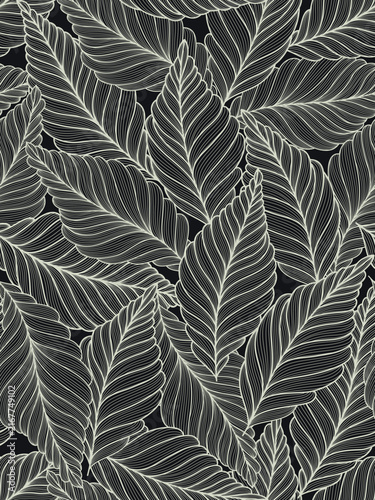 Seamless floral abstract background with  leaves drawn by thin lines. Black background with grey leaves. Vector floral  pattern