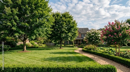 Lush suburban backyard garden with manicured green lawn, mature maple trees, blooming crepe myrtle shrubs, gravel pathway, and charming home under bright blue sky
