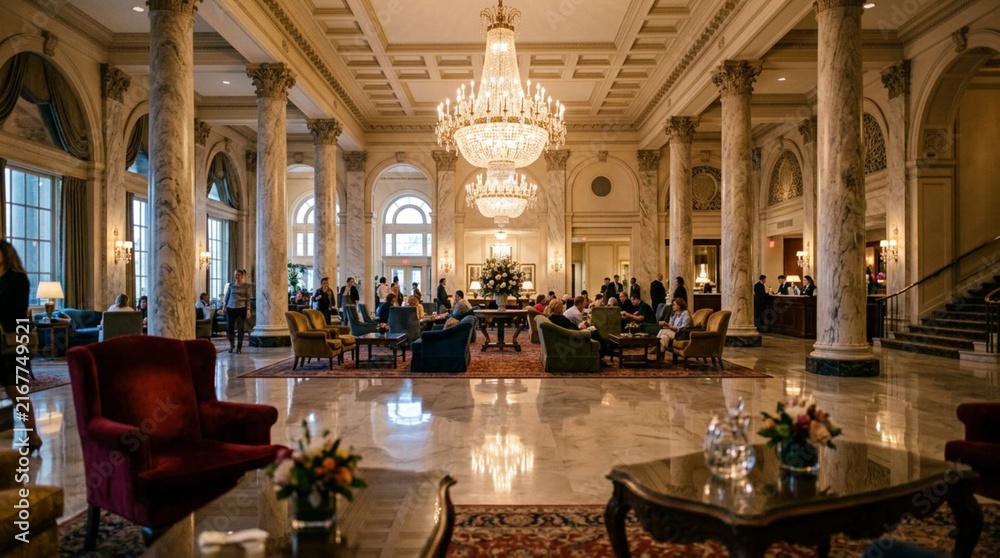 Obraz premium Grand luxury hotel lobby interior with polished marble floors, ornate crystal chandeliers, classical columns, plush velvet armchairs, and elegant guests socializing in opulent neoclassical