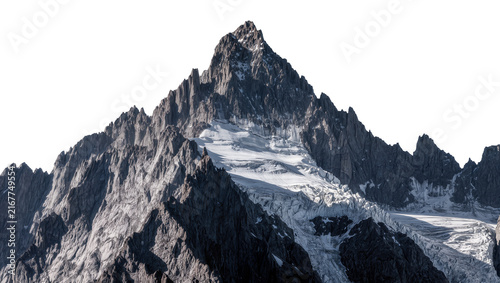 Photography Jagged dark grey mountain peak with snow-covered glacier, isolated on transparen
