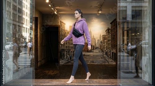 Female mannequin in empty store window wearing unbranded purple hoodie, dark leggings, and black fanny pack, walking pose with urban city street mural backdrop, fashion retail display concept,