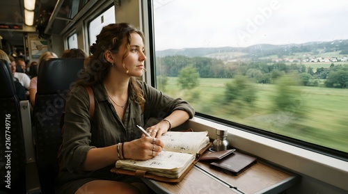 Woman sitting on train looking out window during peaceful travel and public transit journey