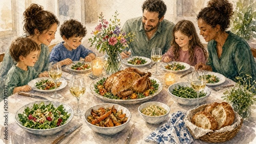 Watercolor family dinner scene evoking warmth and joy with parents and children gathered around table sharing meal festive gathering celebration art