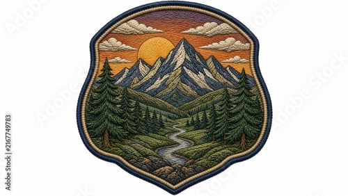 Embroidery mountain patch art style depicting a scenic alpine landscape with sunset and pine trees, ideal for adventure travel designs or outdoor apparel embellishment