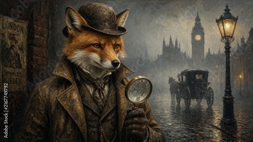 Victorian-era anthropomorphic fox detective illustration holding magnifying glass in foggy London street with vintage carriage and gas lamp post, fantasy mystery narrative