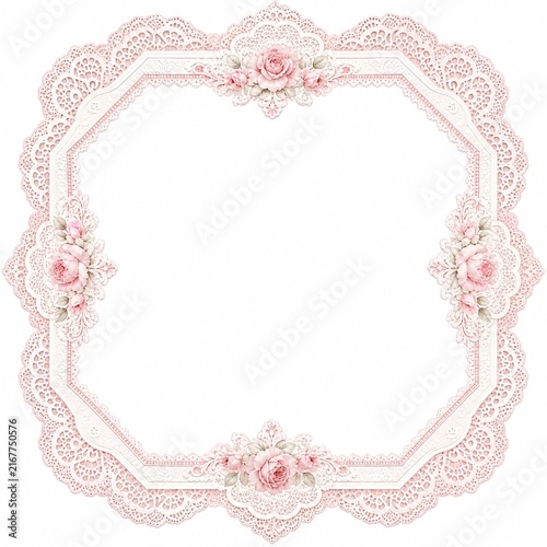 Ornate vintage floral frame with delicate pink roses and lace detailing on white background