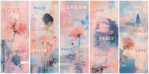 Abstract colorful vertical panels with blurred figures and text overlays