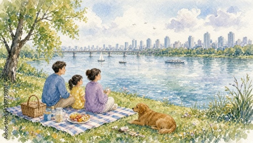Watercolor family picnic scene illustration capturing serene lakeside skyline and tranquil moments on a summer afternoon, perfect for lifestyle and relaxation concepts