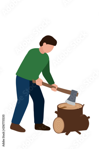 Isometric vector illustration of a man chopping firewood with an axe, hand-traced flat design icon showing a woodcutter splitting logs on a wooden chopping block, isolated on white background