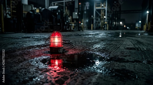 Red emergency warning beacon glowing on wet concrete floor at night in industrial facility, small puddle reflecting ruby light, caution hazard safety signal in dark factory corridor