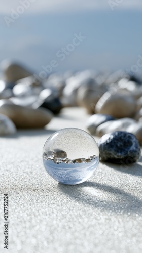 Transparent glass sphere focusing and inverting small pebbles on sandy beach with blurred ocean horizon in background under soft natural light