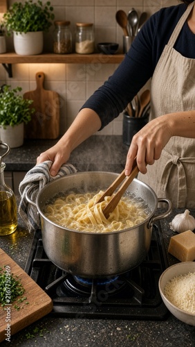 Vertical culinary home kitchen photography of pasta cooking process with steam rising from pot and hands stirring noodles on stove for cozy autumn dinner preparation blog