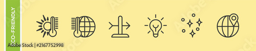 Eco Friendly Global Warming Climate Change Weather Vector Icon Set, Temperature Solar Heat Wind Direction Light Bulb Sparkle Earth Pin Linear Outline Symbols, Meteorology Ecology Line Art Collection.