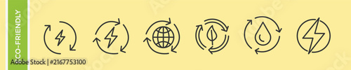 Eco Friendly Renewable Clean Energy Recycling Vector Icon Set, Green Power Water Conservation Globe Earth Leaf Linear Outline Symbols, Environmental Sustainability Line Art Collection