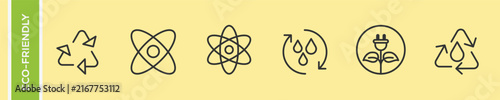 Eco Friendly Renewable Energy Water Recycling Atom Science Vector Icon Set, Clean Green Power Plug Plant Molecule Linear Outline Symbols, Environmental Conservation Line Art Collection.