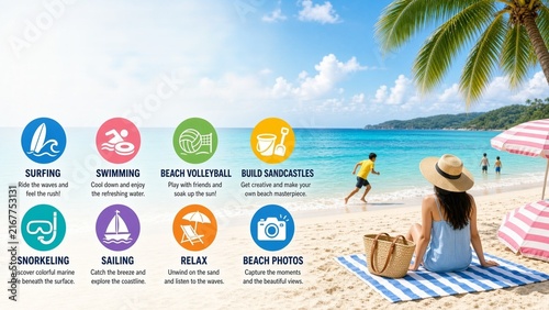 Coastal leisure activity infographic depicting vibrant beachside pursuits like snorkeling and sandcastle building under sunny skies for travel agency promotional use highlighting vacation ideas