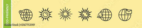 Eco Friendly Solar Energy Global Communication Vector Icon Set, Sun Rays Earth Globe Leaf Location Pin Mail Envelope Linear Outline Symbols, Sustainable Ecology Line Art Collection.